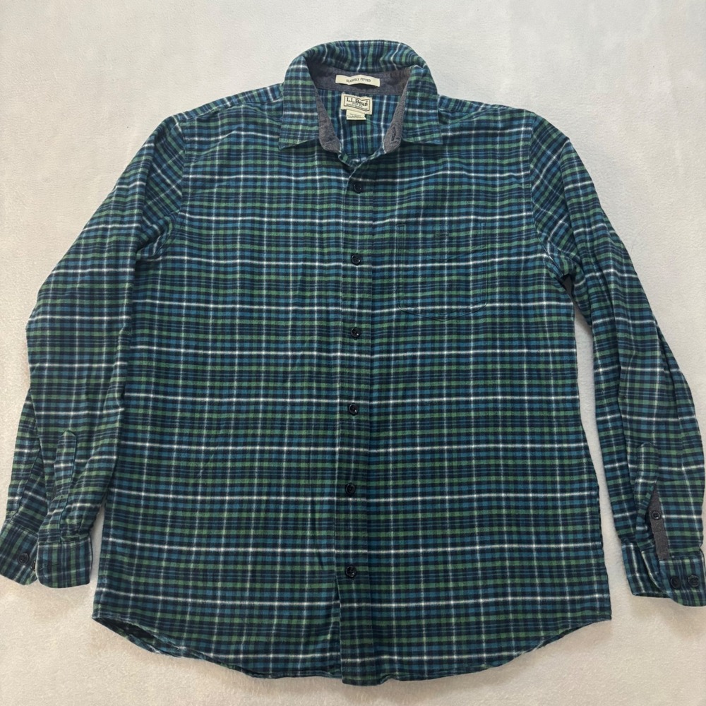 LL Bean Mens Slightly Fitted Flannel Shirt Large Green Blue Plaid Cotton 502830